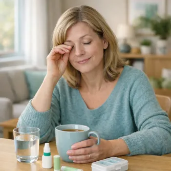 Vrouw met droge ogen door de ziekte van Sjögren (syndroom van Sjögren) gebruikt oogdruppels, lipbalsem en hydratatie voor symptoombestrijding.